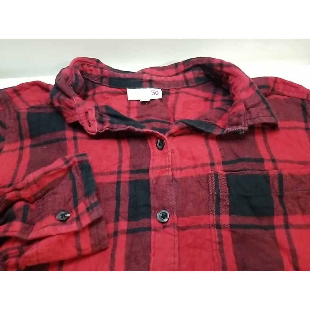 SO Womens Red Black Plaid Flannel Long Sleeve Button Up Shirt Size Medium